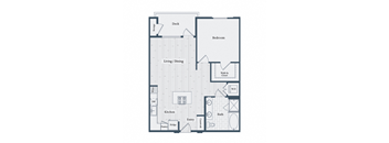A floor plan of a house with a deck, bedroom, living/dining area, kitchen, bathroom, pantry, and entry.