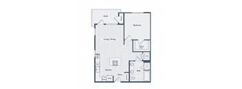 A floor plan of a house with a deck, bedroom, living/dining area, kitchen, bath, pantry, fridge, and entry.