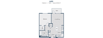 A floor plan of a one bedroom apartment with one bath and an approximate size of 803 square feet.