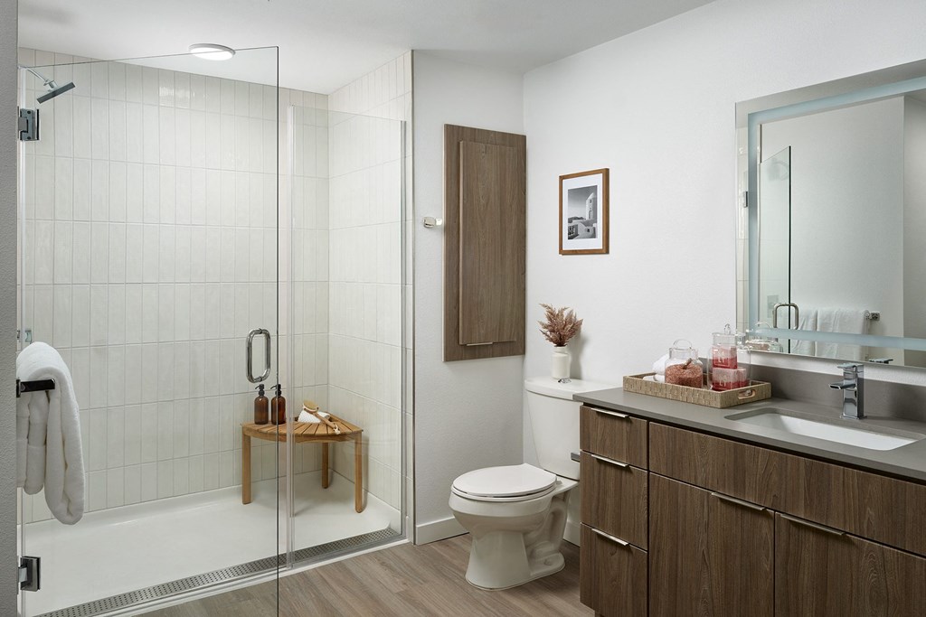 a bathroom with a shower and a sink and a toilet