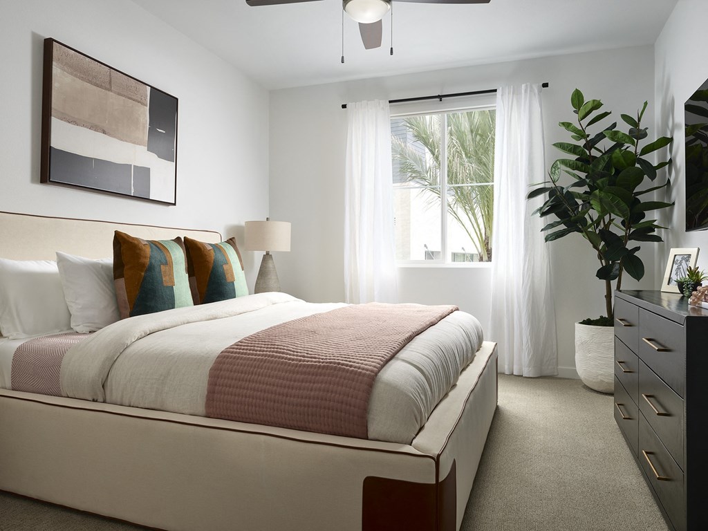 a bedroom with a bed and a plant and a window