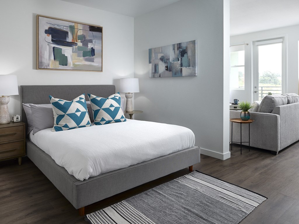 a bedroom with a bed and a couch