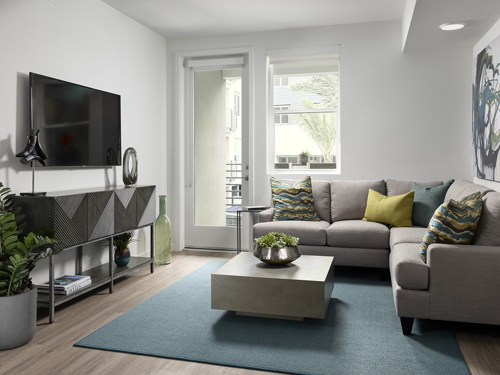 a living room with a couch and a coffee table and a television