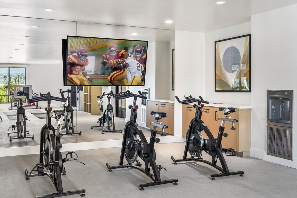 a gym with exercise bikes and a large painting on the wall