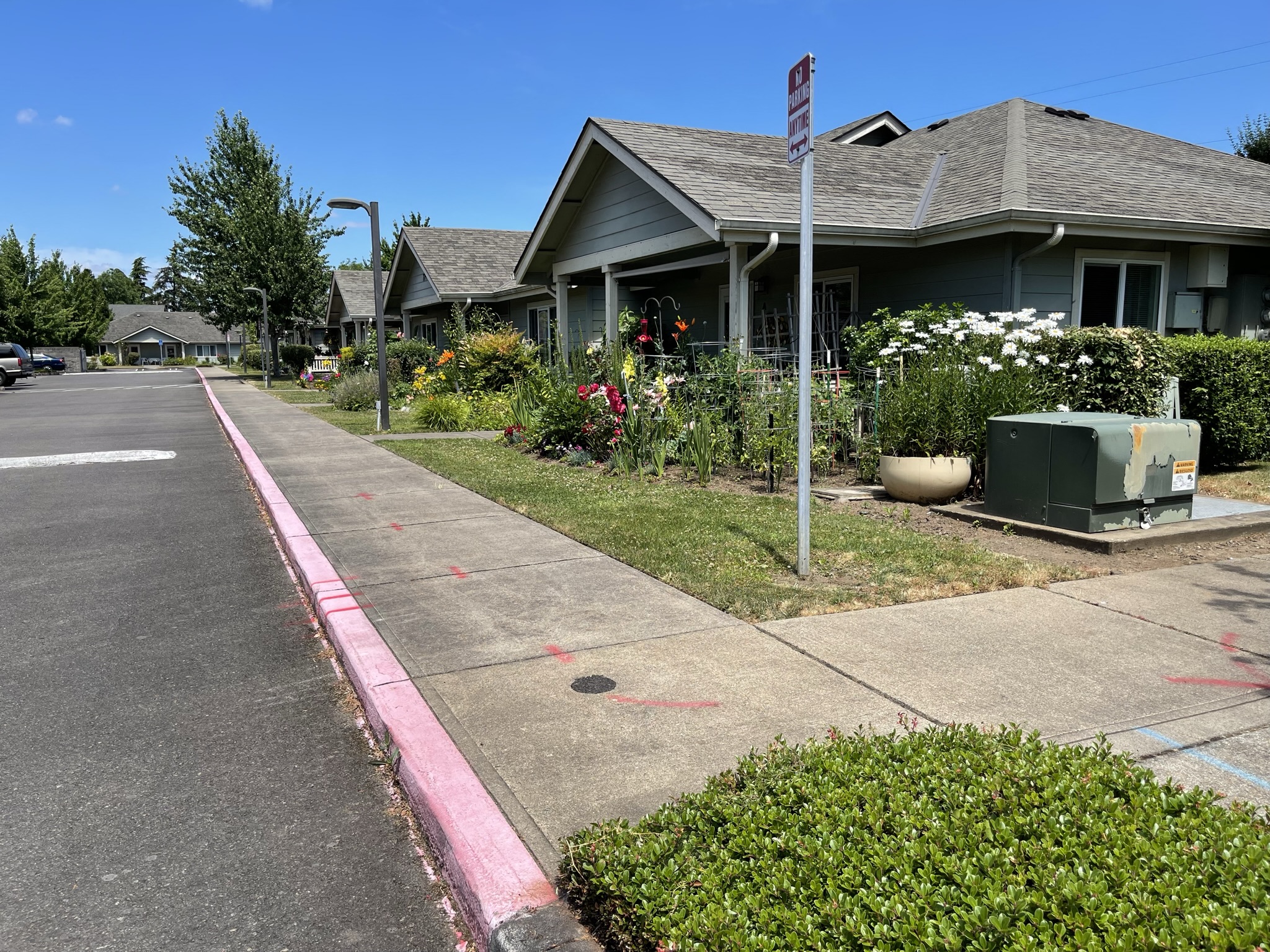 View of west facing apartments with blooming flowers