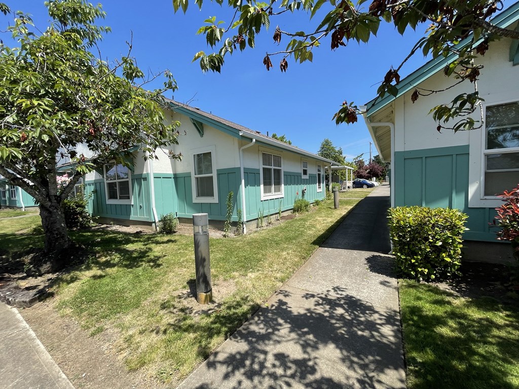 a row of green and white houses with a sidewalk and trees