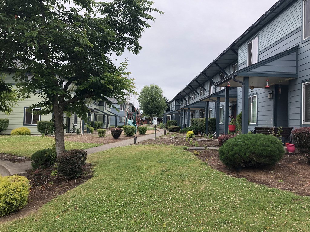 Building exterior view with playground