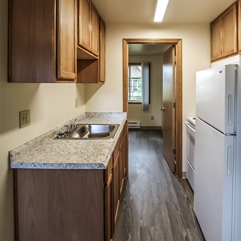 A kitchen with wooden cabinets and a marble countertop.