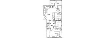 Floorplan of a one-bedroom apartment with a living area, dining area, kitchen, bathroom, and bedroom.