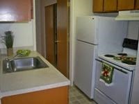 A kitchen with a sink and a refrigerator.