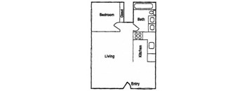 A black and white drawing of a floor plan for a one-bedroom apartment.