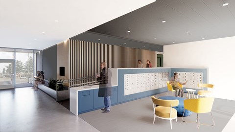 A modern office space with people working and sitting around.