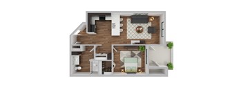 A 3D floor plan of a house with a kitchen, living room, and bathroom.