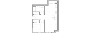 A floor plan of a house with a kitchen, living room, and bathroom.