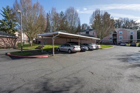 A parking lot with cars and a building in the background.