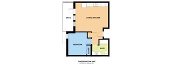 A floor plan of a one bedroom unit with a living/kitchen area, bedroom, bathroom, and closet.