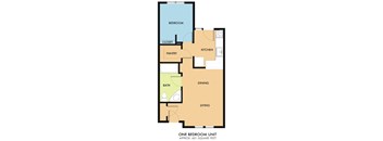 A floor plan of a one bedroom unit that is approximately 601 square feet.