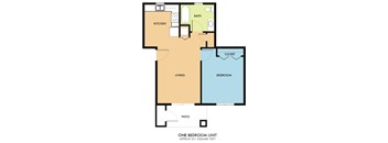 A floor plan of a one bedroom unit with a kitchen, living room, bathroom, and closet.