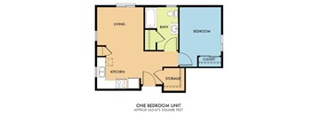 A floor plan of a one bedroom unit with a living room, kitchen, bathroom, bedroom, and closet.