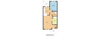 A floor plan of a one bedroom unit with a living area, kitchen, bathroom, and closet.
