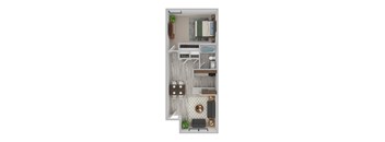 A top-down view of a small apartment with a kitchen, living room, and bathroom.