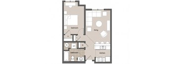 A floor plan of a house with a living room, kitchen, bedroom, and bathroom.