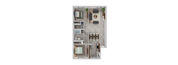 A top down view of a small apartment with a kitchen, living room, and two bedrooms.