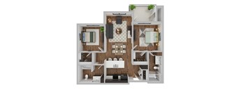 A 3D rendered image of a modern apartment layout.