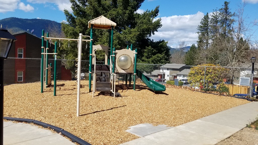a playground with a jungle gym and a slide