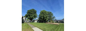 A sunny day in a residential area with houses and green trees.