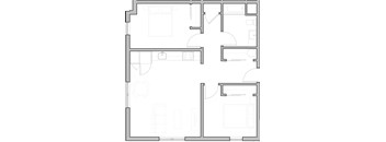 A floor plan of a house with a kitchen, living room, and two bedrooms.