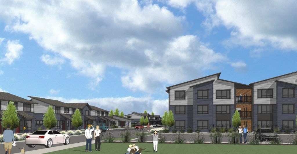 a rendering of a development of townhomes with people standing on a lawn in front of