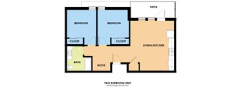 A floor plan of a two bedroom unit with a bath and a nook.