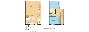 A floor plan of a two bedroom townhouse with a living area, dining area, kitchen, and bathrooms.
