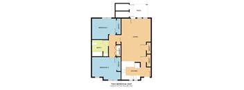 A two bedroom apartment with a living area, kitchen, and bathroom.