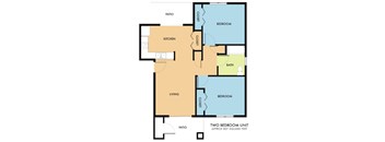 A two bedroom apartment floor plan with a living room, kitchen, and patios.
