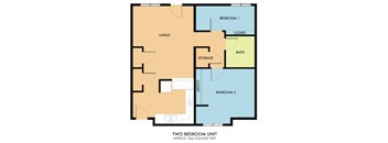A floor plan of a two bedroom unit with living room, storage, closet, bath, and bedrooms labeled.