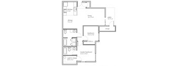 A floor plan of a house with a kitchen, dining area, living room, two bedrooms, a bathroom, and a storage space.