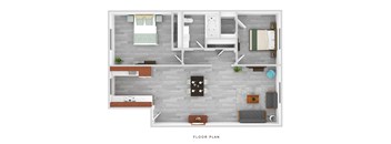 A floor plan of a house with a kitchen, living room, and two bedrooms.
