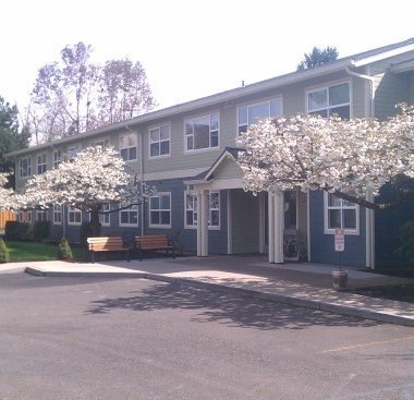 A building with a tree in front of it.