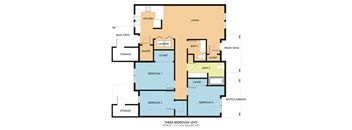A floor plan of a three bedroom unit with a living room, kitchen, pantry, and storage.