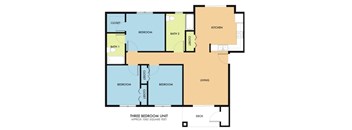A floor plan of a three bedroom unit with a living room, kitchen, and two bathrooms.