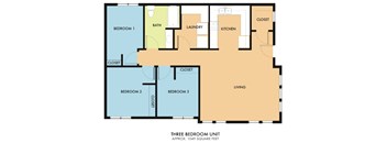 A floor plan of a three bedroom unit with a living room, kitchen, laundry and bathroom.