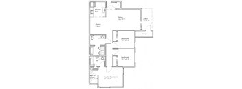 A floor plan of a house with a living room, two bedrooms, a dining room, a kitchen, and a walk-in closet.