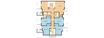 A four bedroom apartment with a living area, kitchen, and storage space.