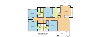 A floor plan of a four bedroom unit with a living room, kitchen, and patios.