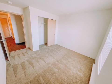 A room with a carpeted floor and two open doors.