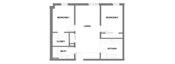 A floor plan of a small apartment with two bedrooms, a bathroom, a kitchen, and a closet.
