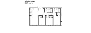 A black and white image of a three bedroom apartment layout.