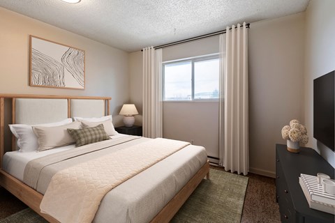 A bedroom with a large bed and a television.